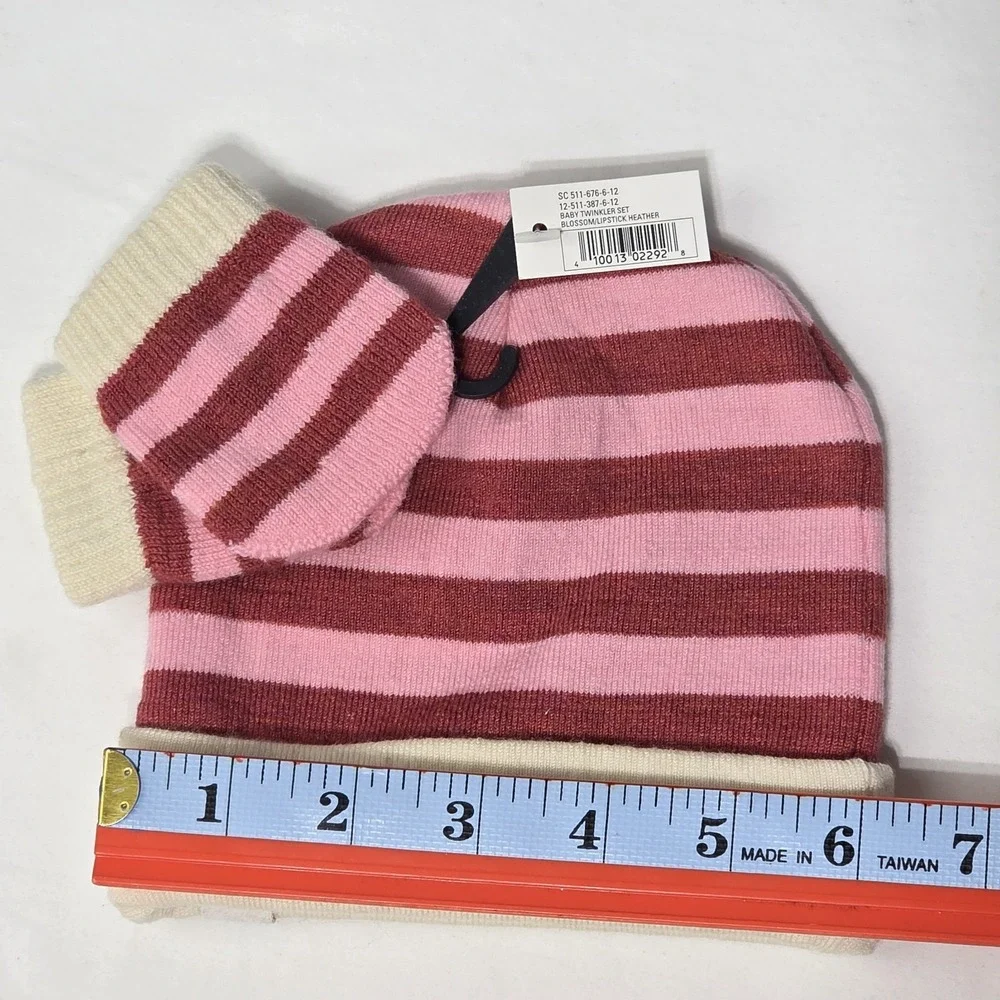 Smartwool Baby Twinkler Beanie & Mittens Set Merino Wool Pink Striped 6-12M